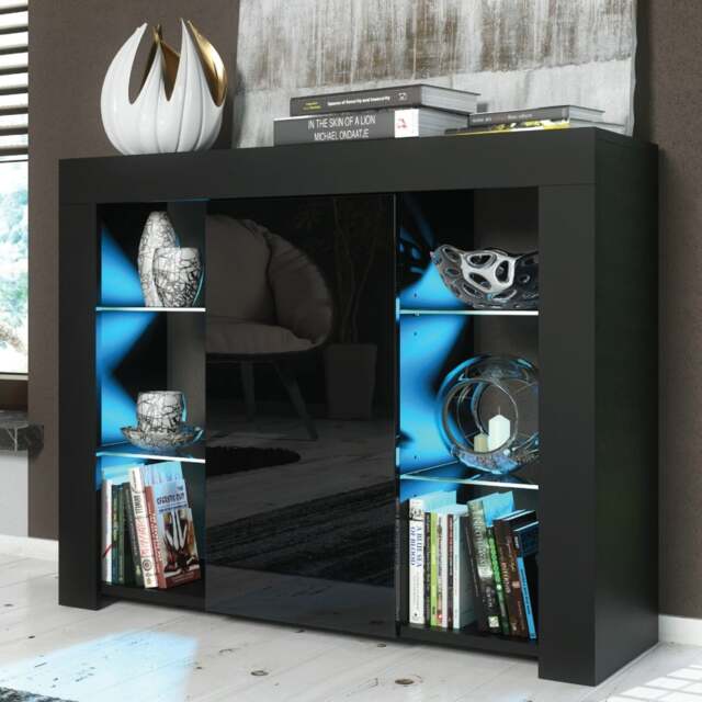 Rackhams Sophisticated 97.5cm Cabinet Cupboard TV Stand – Black High Gloss with Free LED - 97.5cm - Black Matt Body & Black Gloss Doors - MDF/Chipboard - image 1