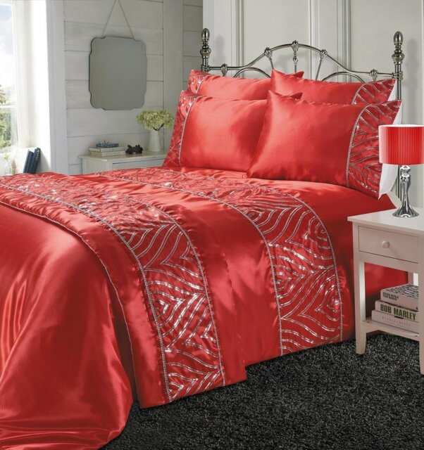 Rackhams Shimmer Duvet Cover Set Sequin Embellished Bedding Red - Red - Double - Duvet Cover Set