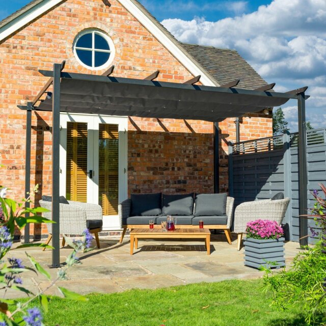 Rackhams Aluminium Pergola with Retractable Polyester Roof - Gun-Metal Grey - 4m x 3m - image 1