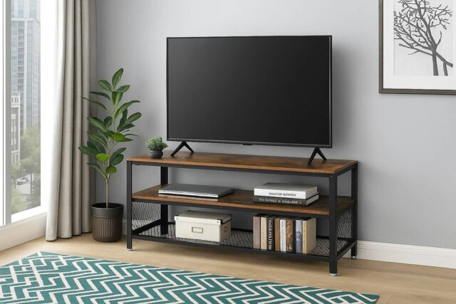 Rackhams Industrial TV Stand, 140 cm Console Table with Shelves, Metal Frame, Rustic Brown Wood Finish - image 1