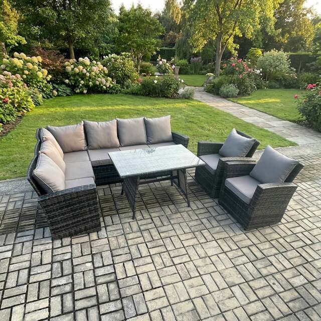 Rackhams 8 Seater Rattan High Back Outdoor Garden Furniture Set with Corner Sofa, Dining Table, 2 Armchairs - Dark Grey - image 1