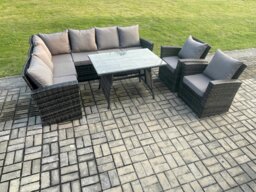 Rackhams 8 Seater Rattan High Back Outdoor Garden Furniture Set with Corner Sofa, Dining Table, 2 Armchairs - Dark Grey - thumbnail 3