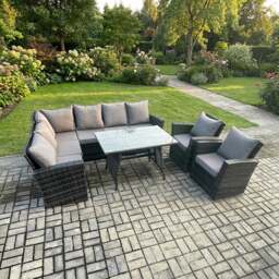Rackhams 8 Seater Rattan High Back Outdoor Garden Furniture Set with Corner Sofa, Dining Table, 2 Armchairs - Dark Grey - thumbnail 1