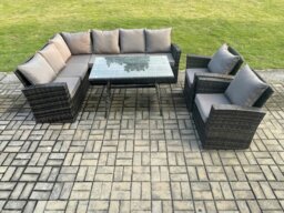 Rackhams 8 Seater Rattan High Back Outdoor Garden Furniture Set with Corner Sofa, Dining Table, 2 Armchairs - Dark Grey - thumbnail 2