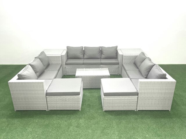 Rackhams Rattan Garden Outdoor Furniture Set 11 Seater Garden Sofa Coffee Table Set with 2 Big Footstools 2 Side Tables Light Grey Mixed - image 1