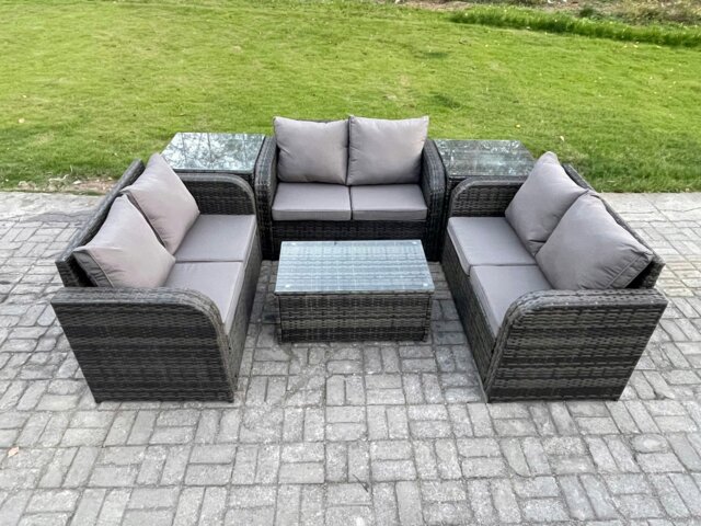 Rackhams Outdoor Garden Furniture Sets 6 Seater Wicker Rattan Furniture Sofa Sets with Rectangular Coffee Table Love Sofa 2 Side Tables Dark Grey Mixed - image 1