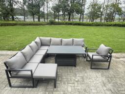 Rackhams 9 Seater Aluminium Sofa Set 8 Pieces Outdoor Garden Furniture - Rising Dining Table with Cushions Chair Big Footstool Dark Grey - thumbnail 2