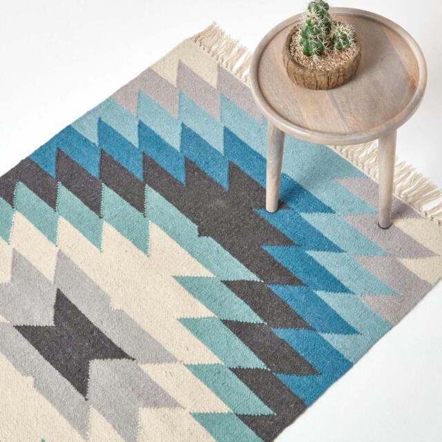 Rackhams Helsinki Handwoven Geometric Blue Grey and Cream Kilim Wool Rug - 90 x 150 cm - image 1