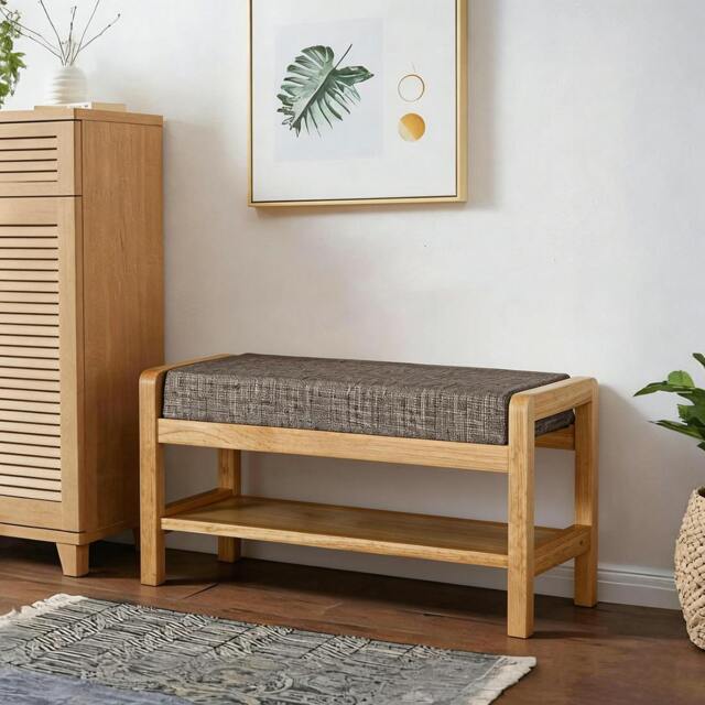 Rackhams S1412 Shoe Storage Bench, Oak - S - Oak With Seat Pad - image 1