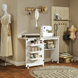 Rackhams Folding Sewing Table Rolling Craft Table with Drop Leaf Wheels - White - thumbnail 2