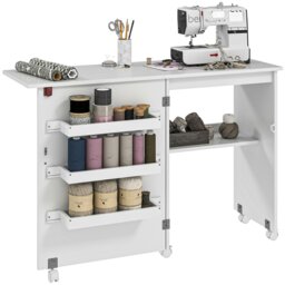Rackhams Folding Sewing Table Rolling Craft Table with Drop Leaf Wheels - White - thumbnail 3