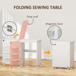 Rackhams Folding Sewing Table Rolling Craft Table with Drop Leaf Wheels - White - thumbnail 5