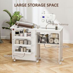 Rackhams Folding Sewing Table Rolling Craft Table with Drop Leaf Wheels - White - thumbnail 6
