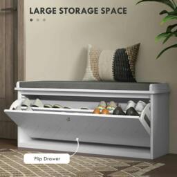 Rackhams 10-Shoe Storage Bench, with Padded Top Seat - White/Grey - thumbnail 4