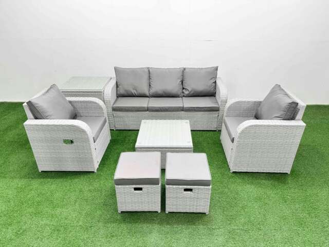 Rackhams PE Rattan Garden Furniture Set Reclining Chair Sofa Lounge Sofa Set Square Coffee Table Side Table 2 Small Stools Light Grey - image 1