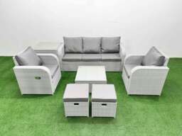 Rackhams PE Rattan Garden Furniture Set Reclining Chair Sofa Lounge Sofa Set Square Coffee Table Side Table 2 Small Stools Light Grey - thumbnail 1