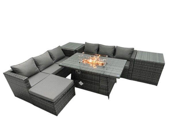 Rackhams Rattan Garden Furniture Fire Pit Dining Set 6 Seater Lounge Sofa Table Set with 2 Side Tables Footstool - image 1