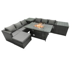Rackhams Rattan Garden Furniture Fire Pit Dining Set 6 Seater Lounge Sofa Table Set with 2 Side Tables Footstool - thumbnail 1
