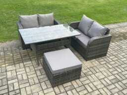 Rackhams Garden Patio Furniture Wicker Rattan Oblong Rectangular Dining Table and Loveseat Sofa set with Big Footstool Dark Grey Mixed - thumbnail 2
