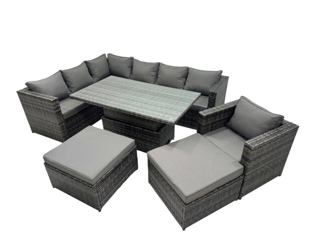 Rackhams 9 seater Height Adjustable Rising Lifting Table Corner Sofa Set Rattan Garden Furniture Dining Set with 2 Big Stool Dark Grey Mixed - image 1