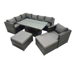 Rackhams 9 seater Height Adjustable Rising Lifting Table Corner Sofa Set Rattan Garden Furniture Dining Set with 2 Big Stool Dark Grey Mixed - thumbnail 1