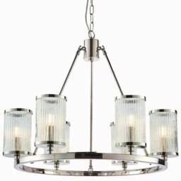 Rackhams 6 Light Chandelier Pendant Nickel Ribbed Glass Shade Hanging Ceiling Lamp Holder