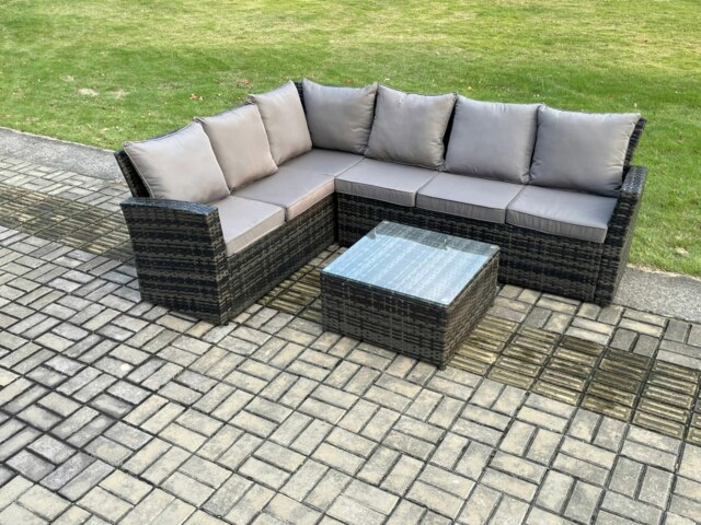 Rackhams 6 Seater Outdoor Furniture Garden Dining Set Rattan Corner Sofa Set with Square Coffee Table Dark Grey Mixed - image 1