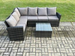 Rackhams 6 Seater Outdoor Furniture Garden Dining Set Rattan Corner Sofa Set with Square Coffee Table Dark Grey Mixed - thumbnail 2