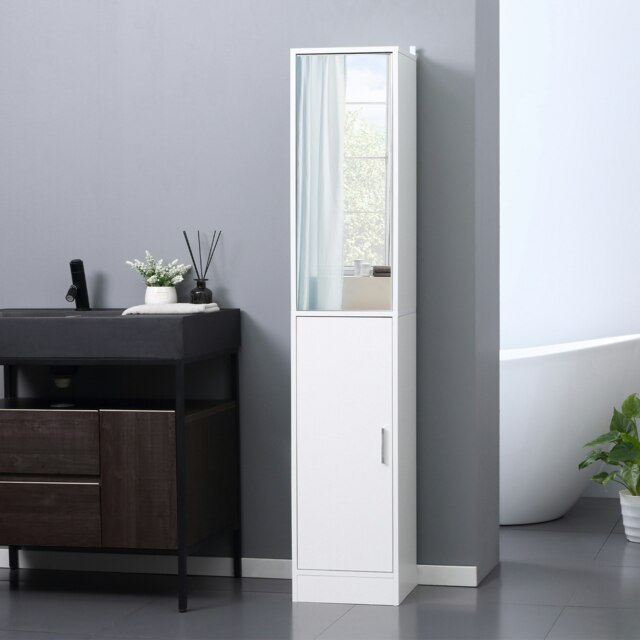 Rackhams Tall Mirrored Bathroom Cabinet Tallboy Unit w/Adjustable Shelf White - White - image 1