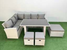 Rackhams 9 Seater Wicker Rattan Corner Sofa Sets Outdoor Garden Furniture Sets with Rectangular Dining Table Lounge Sofa 3 Footstools Light Grey - thumbnail 1