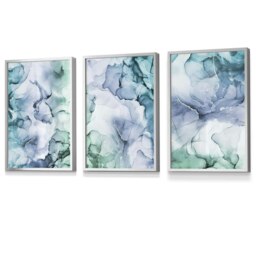 Rackhams Set of 3 Abstract Floral Fluid in Blue Green and Purple Framed Wall Art - 30x42cm (A3) - Silver - thumbnail 1