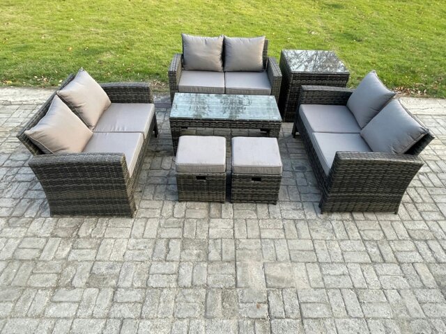 Rackhams 7-Piece Outdoor Lounge Sofa Set - Dark Grey Mixed Wicker PE Rattan Garden Furniture with Coffee Table & 2 Small Footstools - image 1