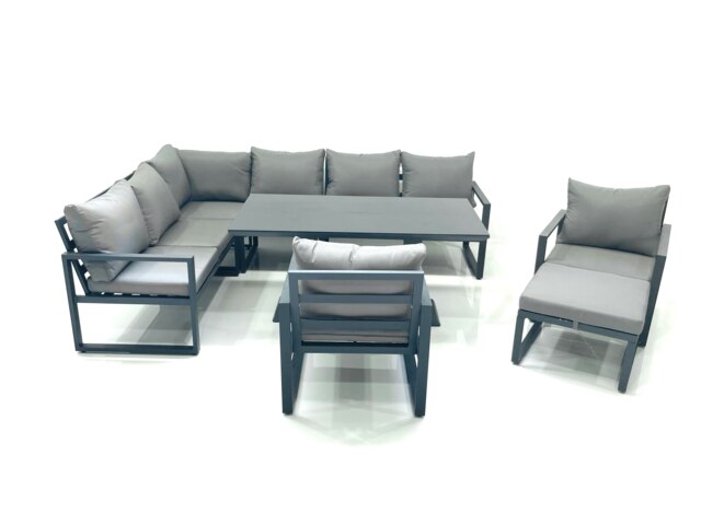 Rackhams Aluminum Outdoor Garden Furniture Set Corner Sofa Big Footstool 2 Chairs Adjustable Rising Lifting Dining Table Sets Dark Grey