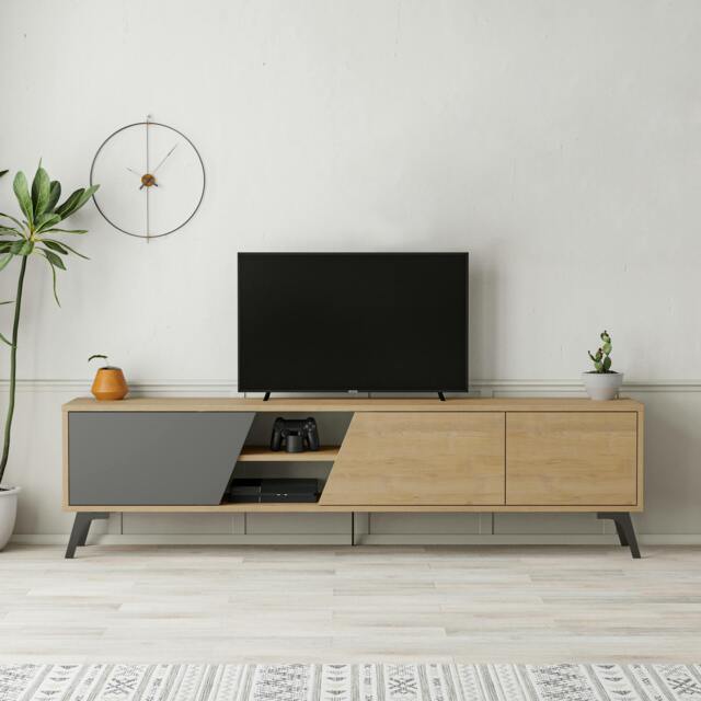 "Rackhams Fiona Modern TV Unit Multimedia Cabinet with Storage Doors 75"" Oak White 180cm - Oak Anthracite Grey"