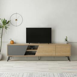 "Rackhams Fiona Modern TV Unit Multimedia Cabinet with Storage Doors 75"" Oak White 180cm - Oak Anthracite Grey" - thumbnail 1