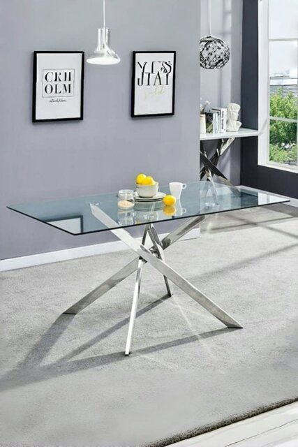 Rackhams 70cmD Stylish Tempered Glass Coffee Table Rectangular Dining Table with Chrome Cross Legs - Clear - image 1