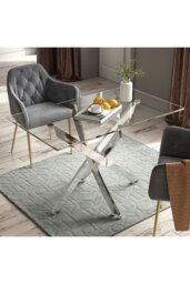 Rackhams 70cmD Stylish Tempered Glass Coffee Table Rectangular Dining Table with Chrome Cross Legs - Clear - thumbnail 4