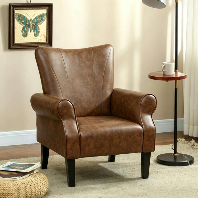 Rackhams Upholstered Modern Accent Chair, Armchair with Wood Legs, Brown - Brown - Rubber wood - Brown - image 1