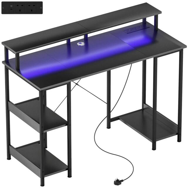Rackhams LED Computer Desk, with Power Outlets and Shelves - Carbon Fibre Grey