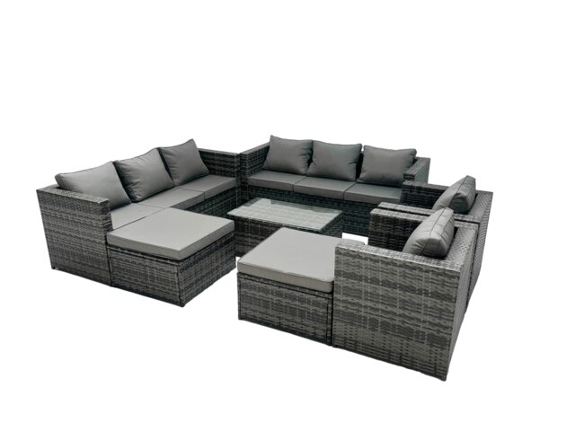 Rackhams Rattan Garden Furniture Dining Set 10 seater Patio Coffee Table Sofa Set with 2 Big Stools Dark Grey Mixed - image 1