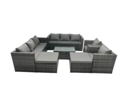 Rackhams Rattan Garden Furniture Dining Set 10 seater Patio Coffee Table Sofa Set with 2 Big Stools Dark Grey Mixed - thumbnail 2