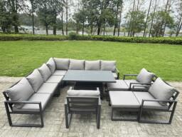 Rackhams 12 Seater Aluminium Sofa Set 11 Pieces Outdoor Garden Furniture - Rising Dining Table w/ Cushions 2 Big Footstools 3 Chairs Footstool Dark Grey - thumbnail 2