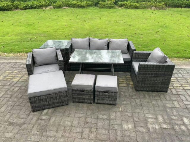 Rackhams Rattan Outdoor Furniture Sofa Garden Dining Set with Dining Table 2 Armchairs Side Table 3 Stools 8 Seater Dark Grey Mixed - image 1