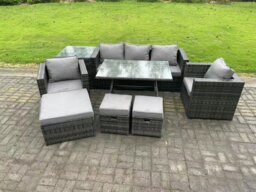 Rackhams Rattan Outdoor Furniture Sofa Garden Dining Set with Dining Table 2 Armchairs Side Table 3 Stools 8 Seater Dark Grey Mixed - thumbnail 2