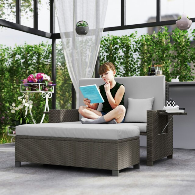 Rackhams Garden Rattan Furniture Set 2 Seater Patio Sun Lounger Daybed Sun Bed - 130cmx72cmx91cm - Light Grey / Grey Cushions