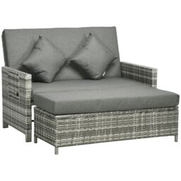 Rackhams Garden Rattan Furniture Set 2 Seater Patio Sun Lounger Daybed Sun Bed - 130cmx72cmx91cm - Light Grey / Grey Cushions - thumbnail 3