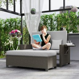 Rackhams Garden Rattan Furniture Set 2 Seater Patio Sun Lounger Daybed Sun Bed - 130cmx72cmx91cm - Light Grey / Grey Cushions - thumbnail 1
