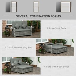 Rackhams Garden Rattan Furniture Set 2 Seater Patio Sun Lounger Daybed Sun Bed - 130cmx72cmx91cm - Light Grey / Grey Cushions - thumbnail 5