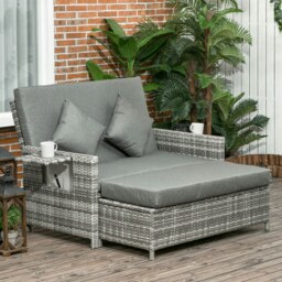 Rackhams Garden Rattan Furniture Set 2 Seater Patio Sun Lounger Daybed Sun Bed - 130cmx72cmx91cm - Light Grey / Grey Cushions - thumbnail 2