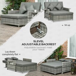 Rackhams Garden Rattan Furniture Set 2 Seater Patio Sun Lounger Daybed Sun Bed - 130cmx72cmx91cm - Light Grey / Grey Cushions - thumbnail 4